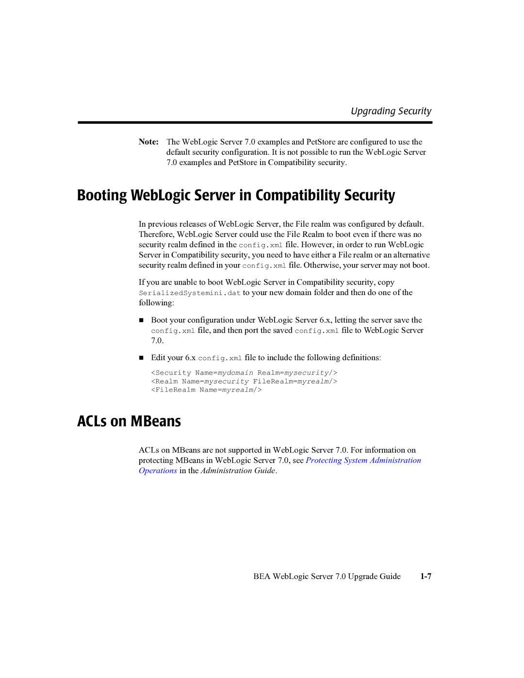 BEA 7 manual Booting WebLogic Server in Compatibility Security, ACLs on MBeans 