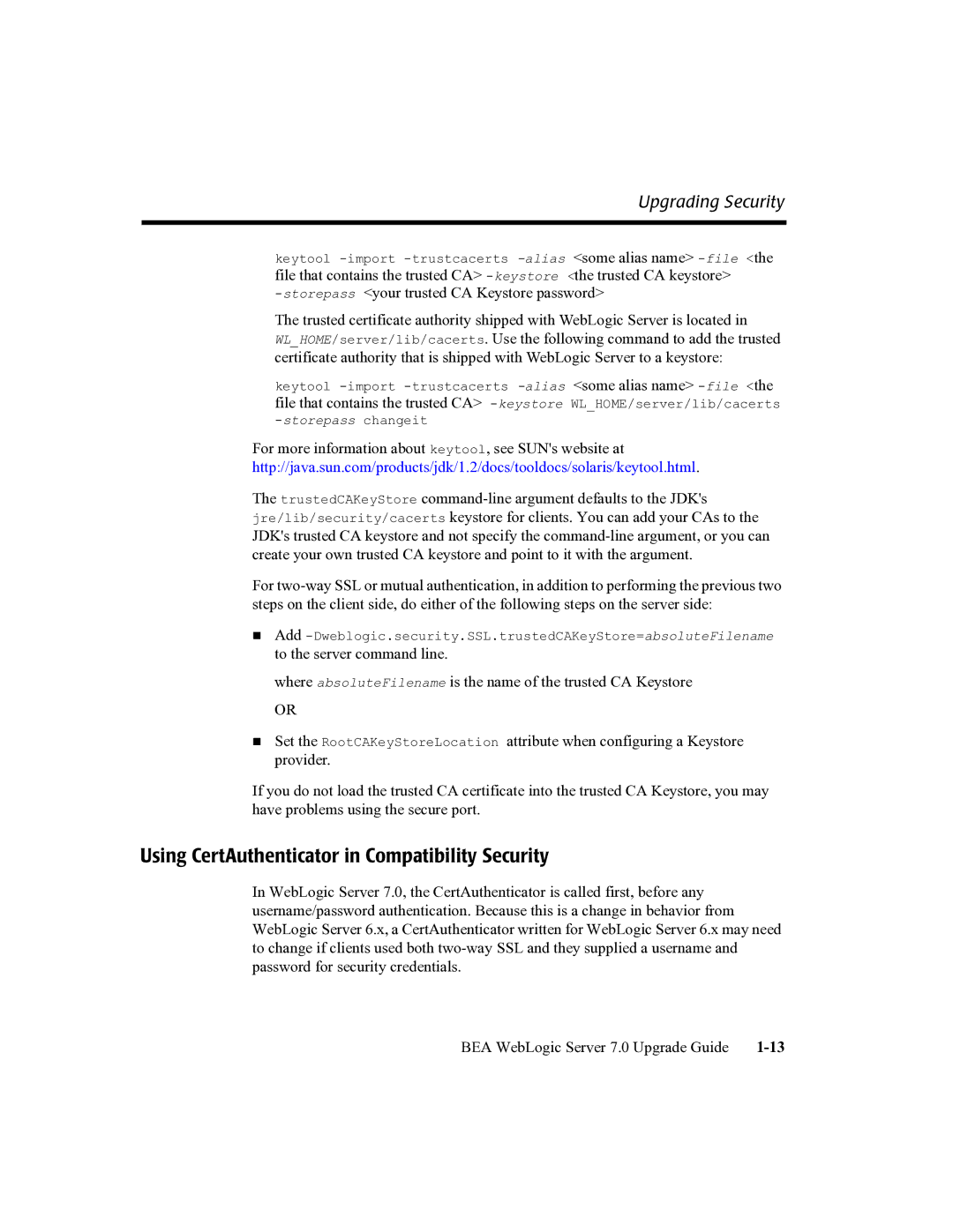 BEA 7 manual Using CertAuthenticator in Compatibility Security 