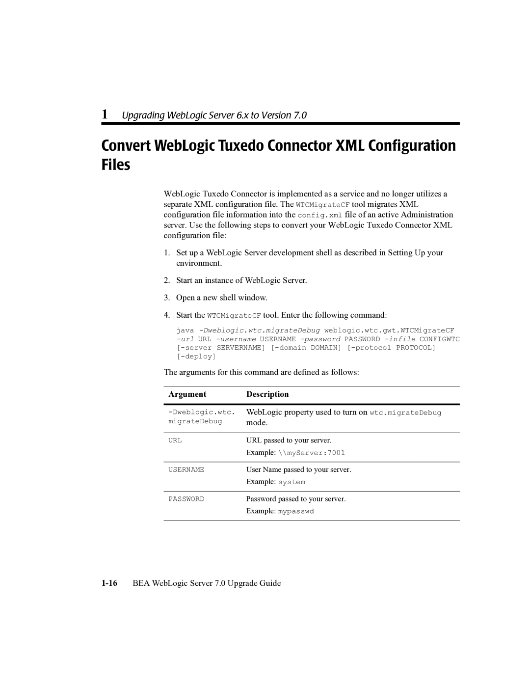 BEA 7 manual Convert WebLogic Tuxedo Connector XML Configuration Files, Argument Description 