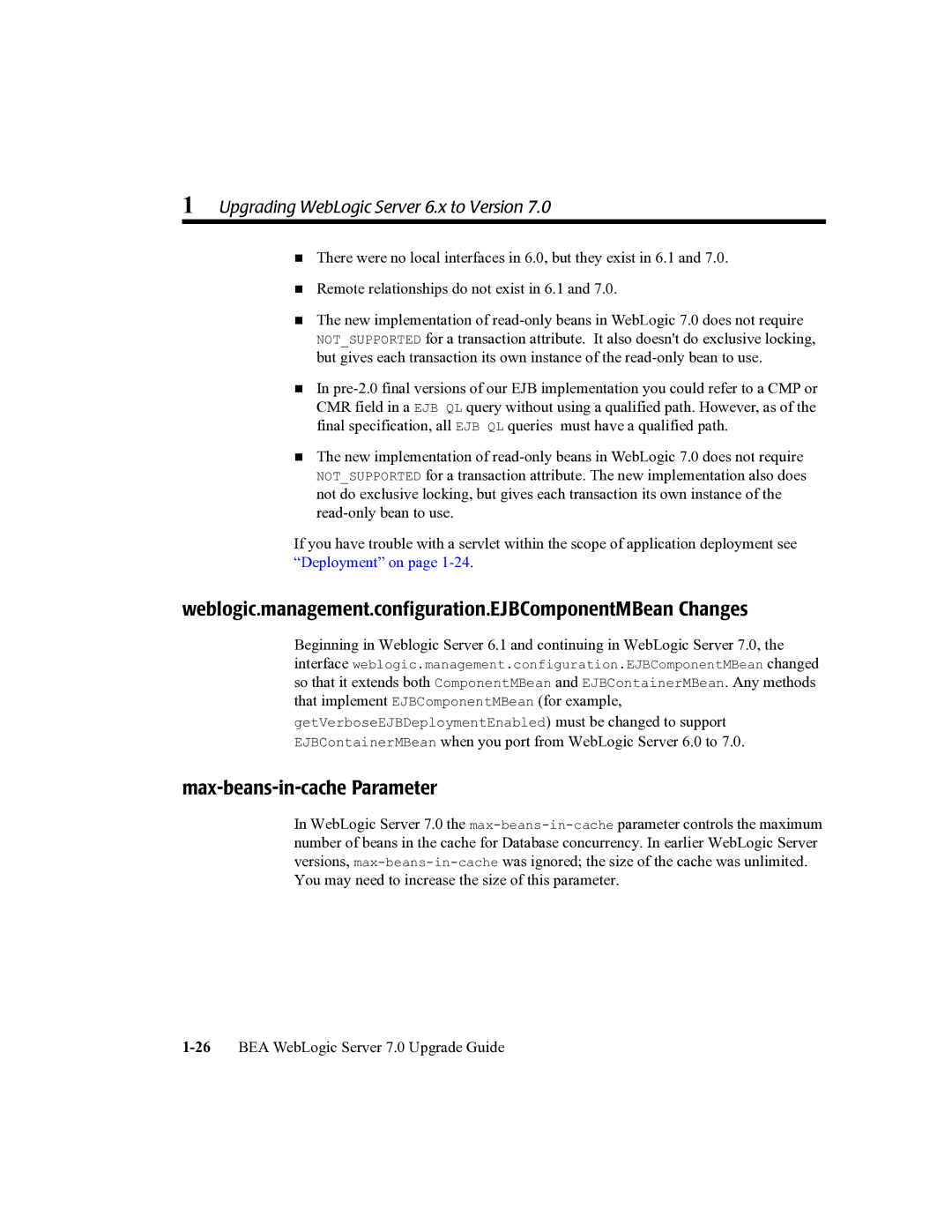 BEA 7 manual Weblogic.management.configuration.EJBComponentMBean Changes, Max-beans-in-cache Parameter 