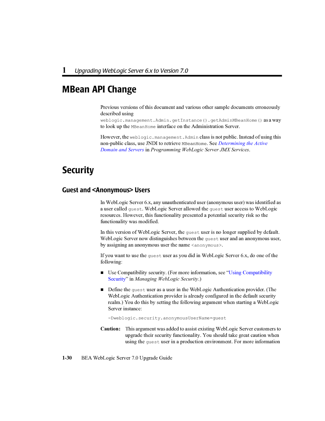 BEA 7 manual MBean API Change, Security, Guest and Anonymous Users 