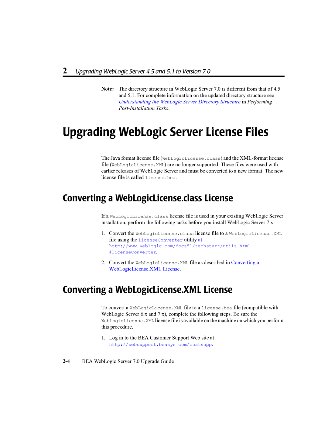 BEA 7 manual Upgrading WebLogic Server License Files, Converting a WebLogicLicense.class License 