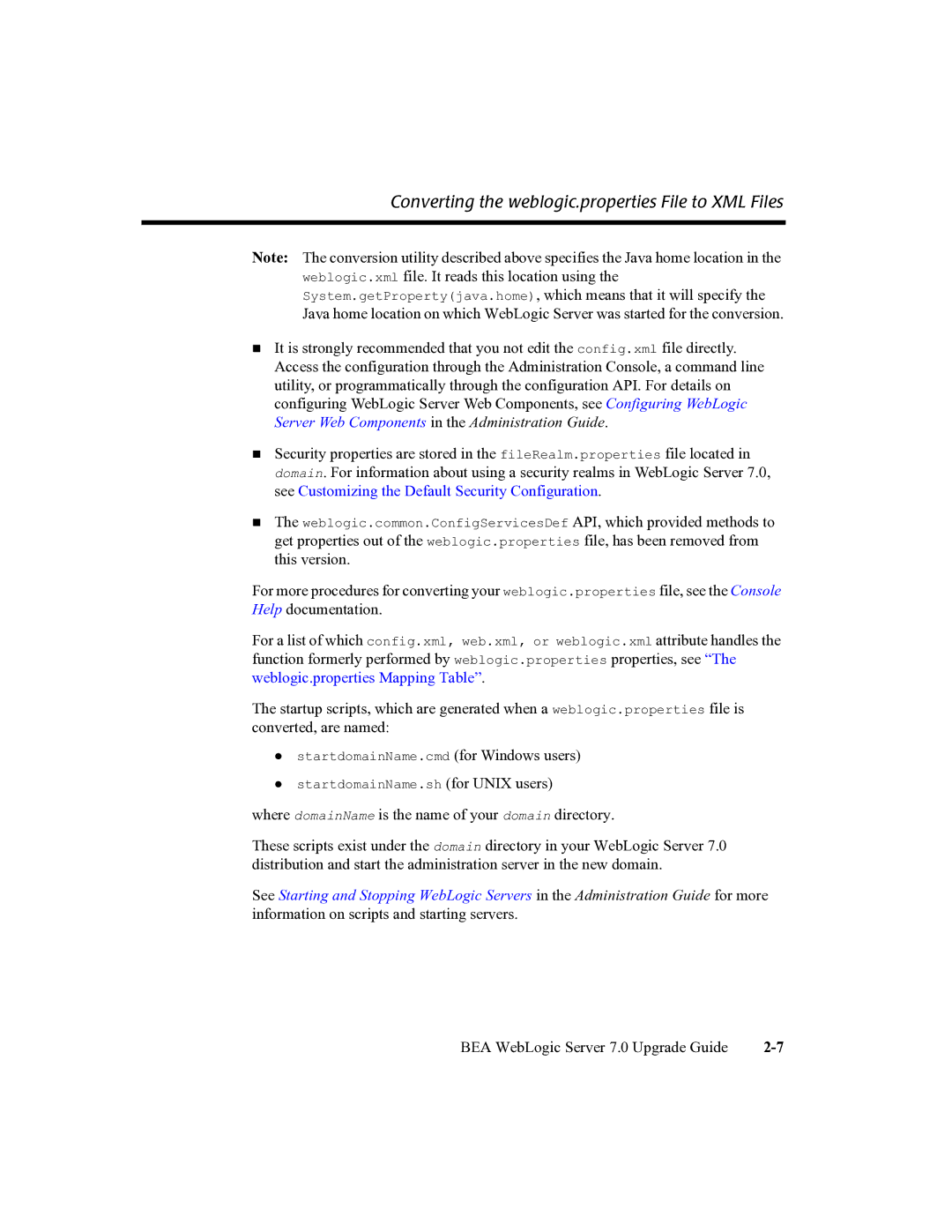BEA 7 manual Converting the weblogic.properties File to XML Files 