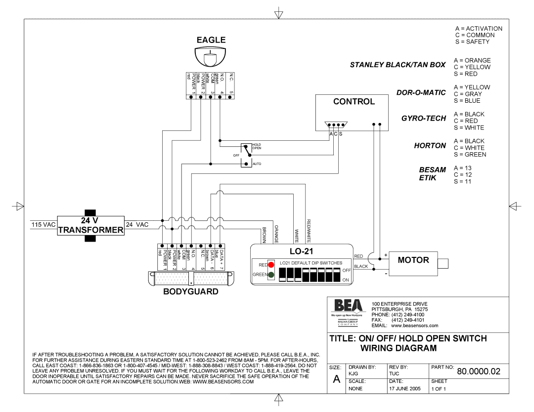 BEA 80.0000.02 manual Eagle Control, Transformer, Motor, Bodyguard, Title ON/ OFF/ Hold Open Switch, Wiring Diagram 