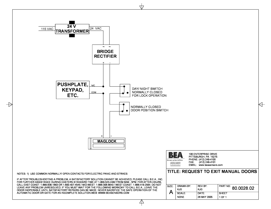BEA 80.0000.02 manual Bridge Rectifier, Title Request To Exit Manual Doors, 80.0028.02, Maglock, Transformer 