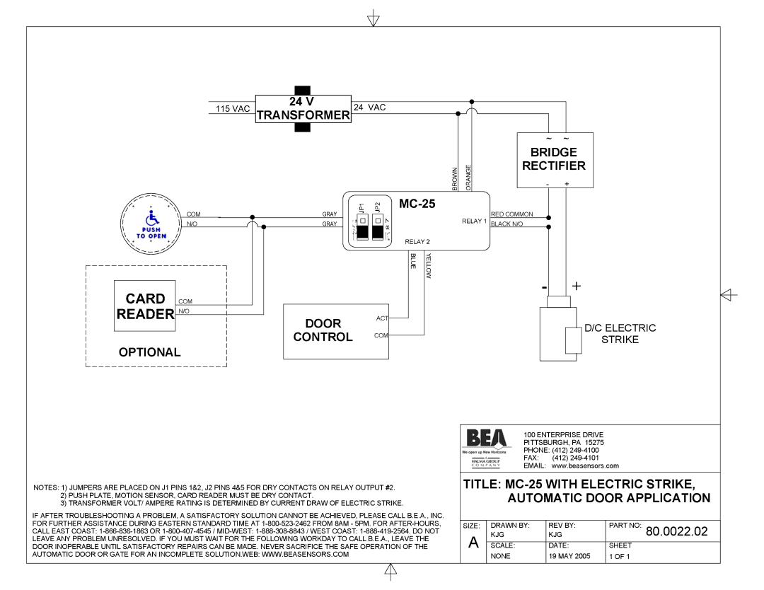 BEA 80.0011.02 manual Optional Door Control, 80.0022.02 