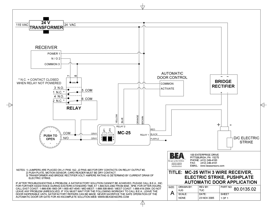 BEA 80.0011.02 manual Bridge, Title MC-25 with 3 Wire Receiver, Electric STRIKE, Pushplate, Automatic Door Application 