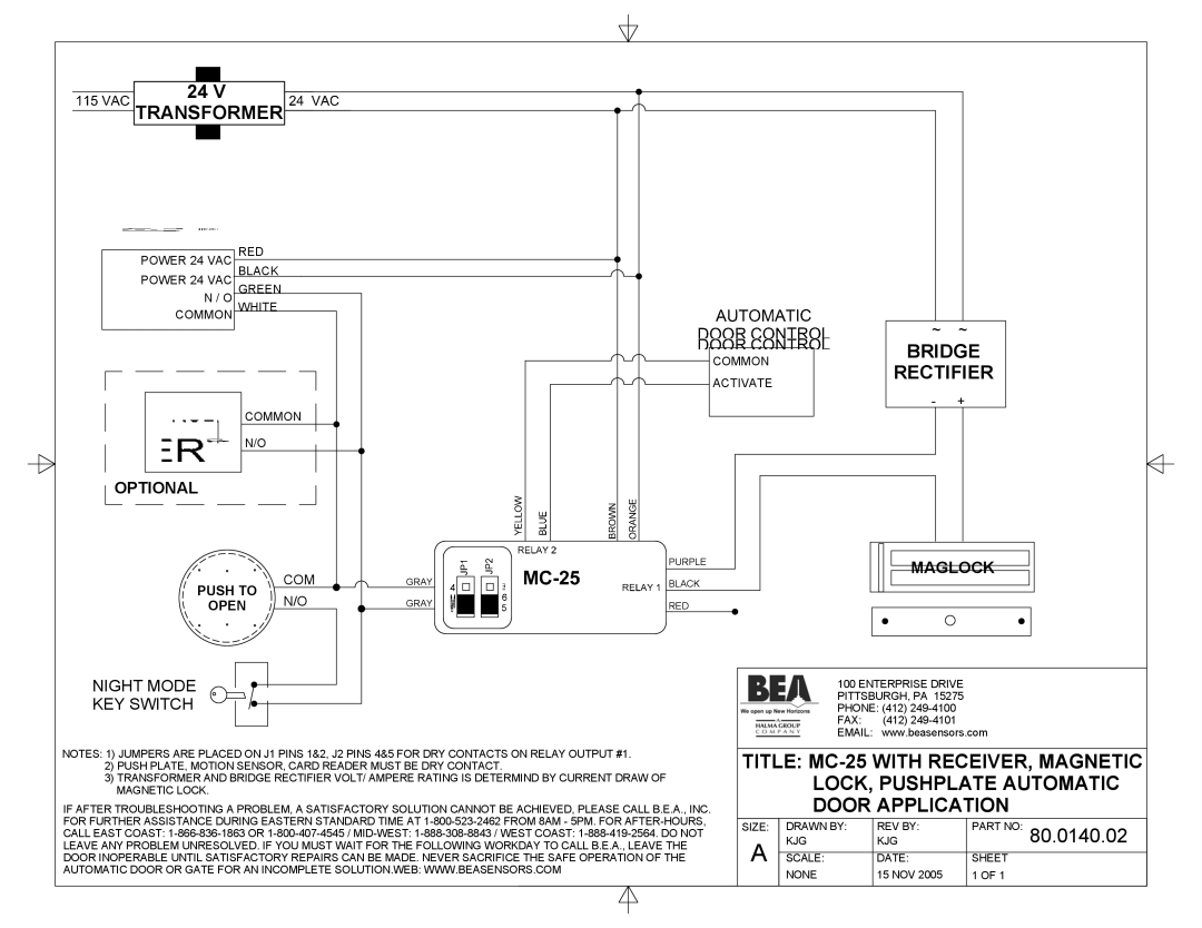 BEA 80.0011.02 manual Title MC-25 with RECEIVER, Magnetic, LOCK, Pushplate Automatic, Door Application, 80.0140.02 