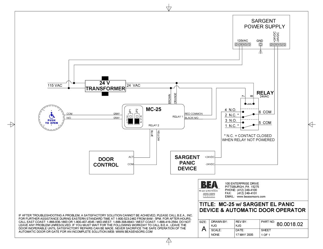 BEA 80.0011.02 manual Transformer Relay, Sargent +24VDC Panic Control, Device & Automatic Door Operator 