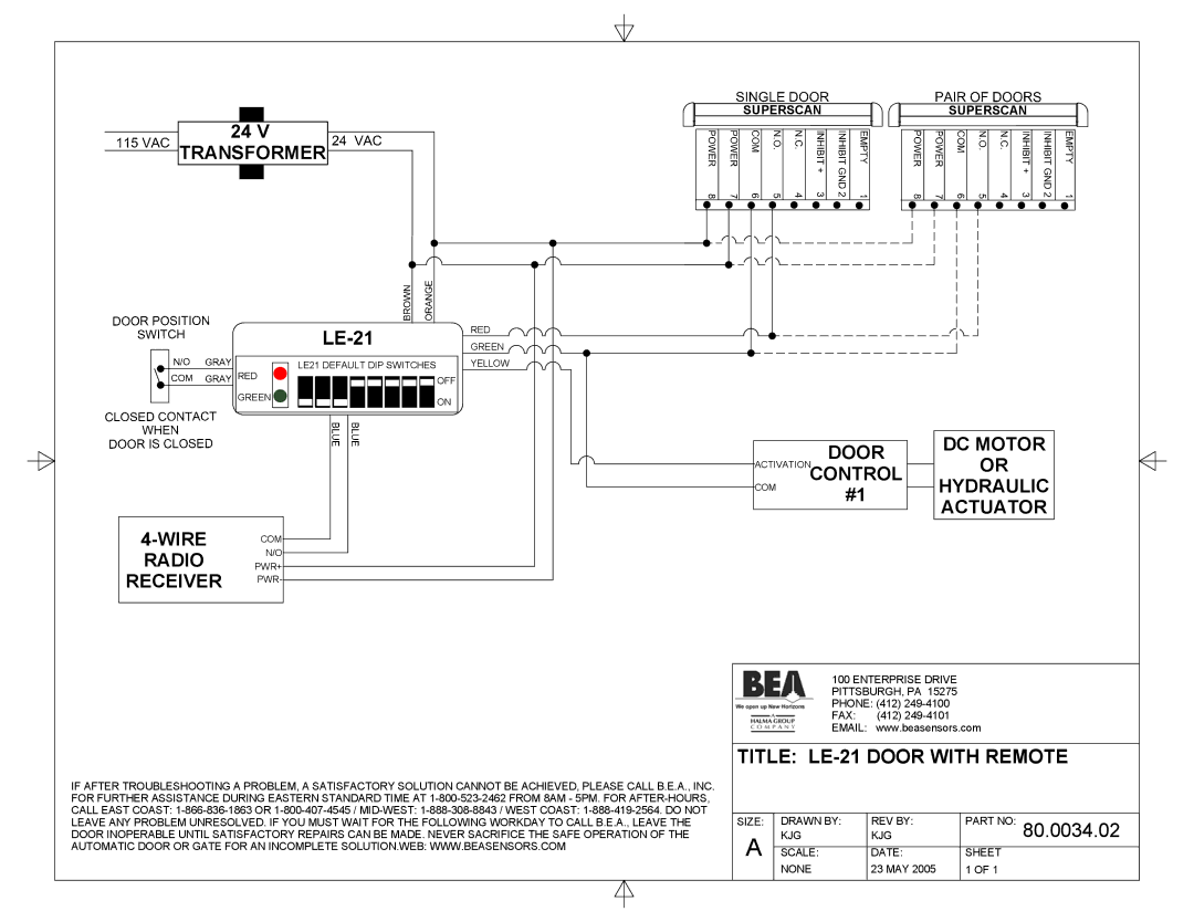 BEA 80.0025.02 DC Motor Hydraulic Actuator Wire COM Radio N/O, Receiver PWR Title LE-21 Door with Remote, 80.0034.02 