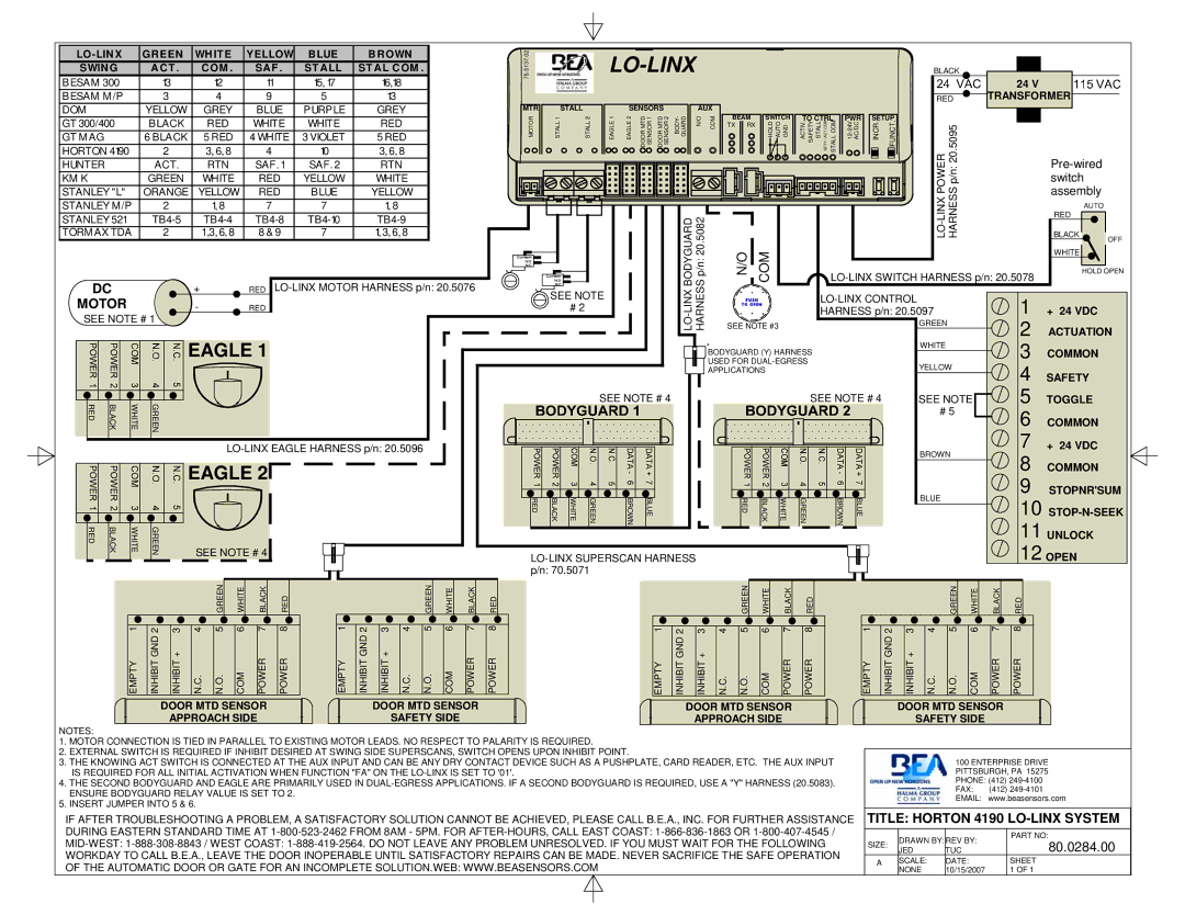 BEA 80.0240.04 manual Title Horton 4190 LO-LINX System, 80.0284.00, See Note, Toggle Common 