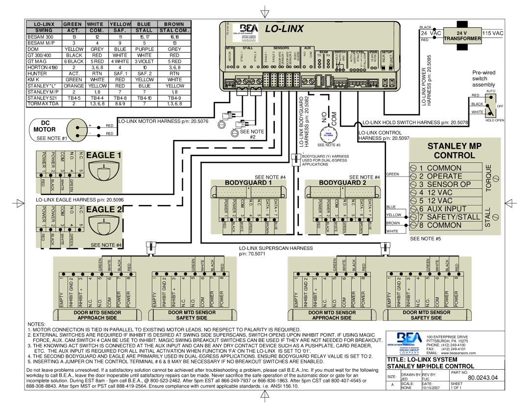 BEA 80.0240.04 manual Title LO-LINX System Stanley MP/HDLE Control, 80.0243.04, See Note #1, See Note #4 