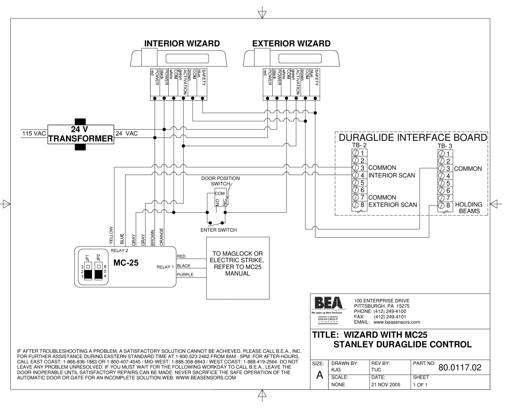 BEA Dip Switch I manual Interior Wizard Exterior Wizard Transformer, Title Wizard with MC25 Stanley Duraglide Control 