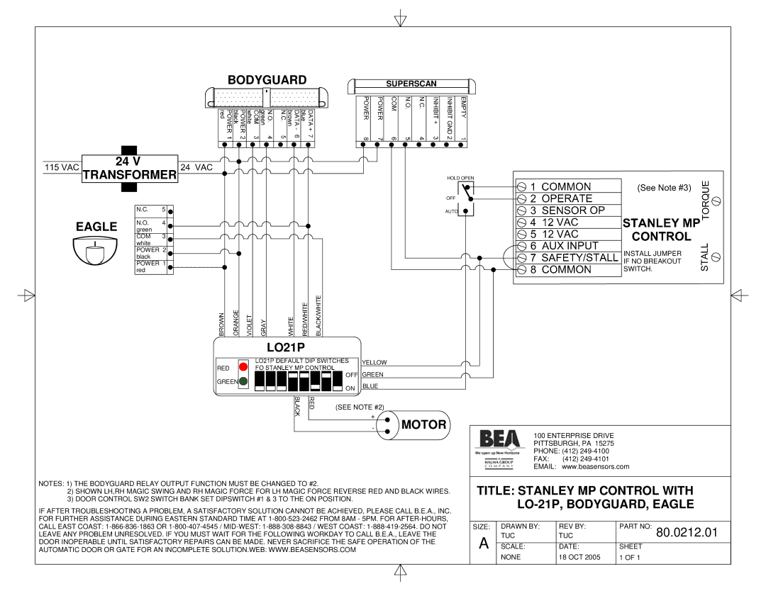 BEA Dip Switch I manual Transformer Eagle N.O, LO21P, Title Stanley MP Control with LO-21P, BODYGUARD, Eagle, 80.0212.01 