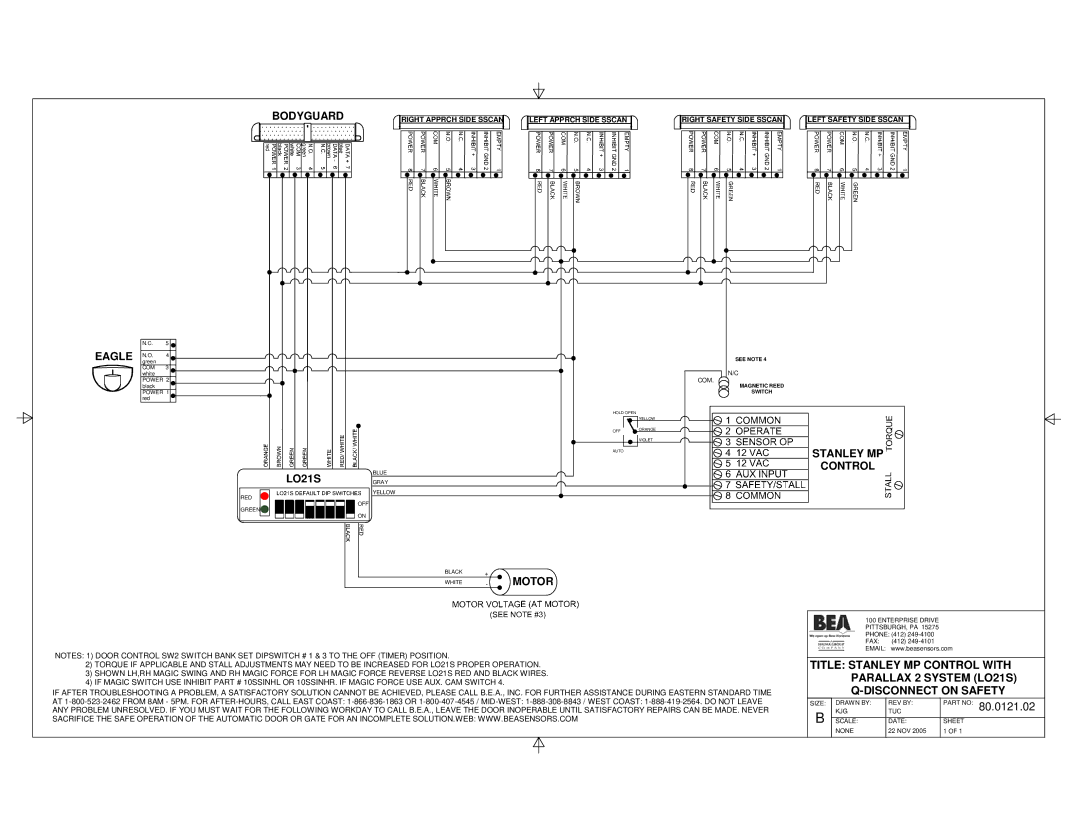 BEA Dip Switch I manual Bodyguard, Motor, Title Stanley MP Control with, Parallax 2 System LO21S 