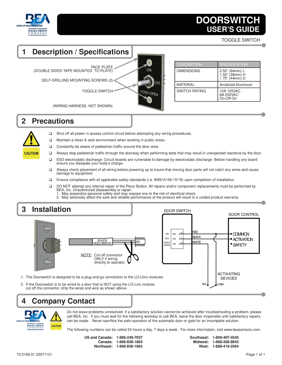 BEA Door Switch And Toggle Switch specifications Description / Speciﬁcations, Precautions, Installation, Company Contact 