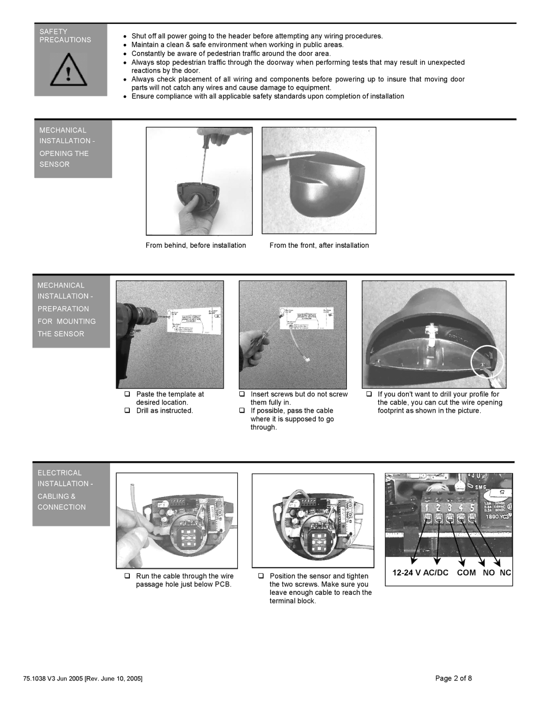 BEA Eagle HM Safety Precautions, Mechanical Installation Opening Sensor, Electrical Installation Cabling & Connection 