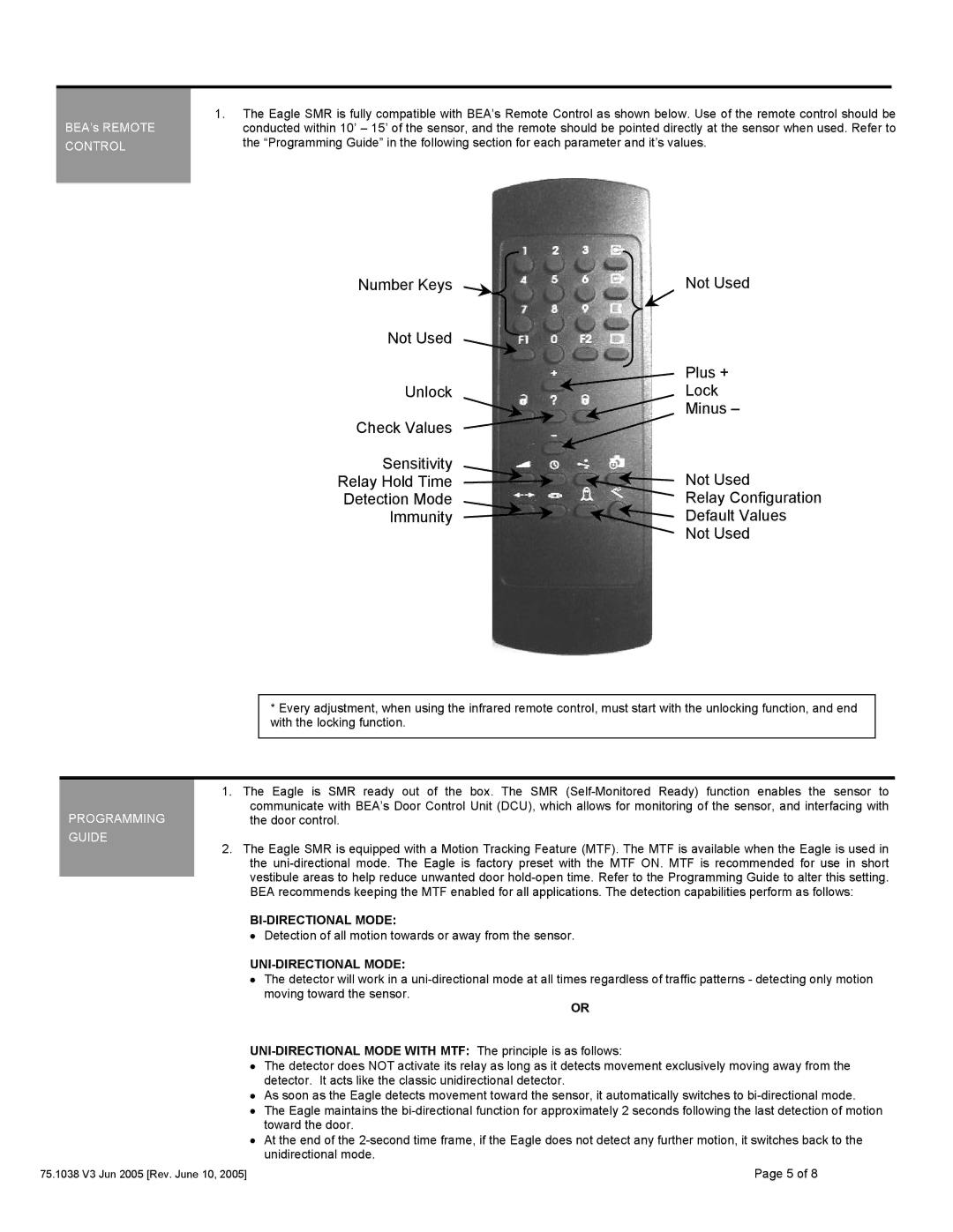 BEA Eagle HM dimensions Control, Programming Guide, BI-DIRECTIONAL Mode, UNI-DIRECTIONAL Mode 