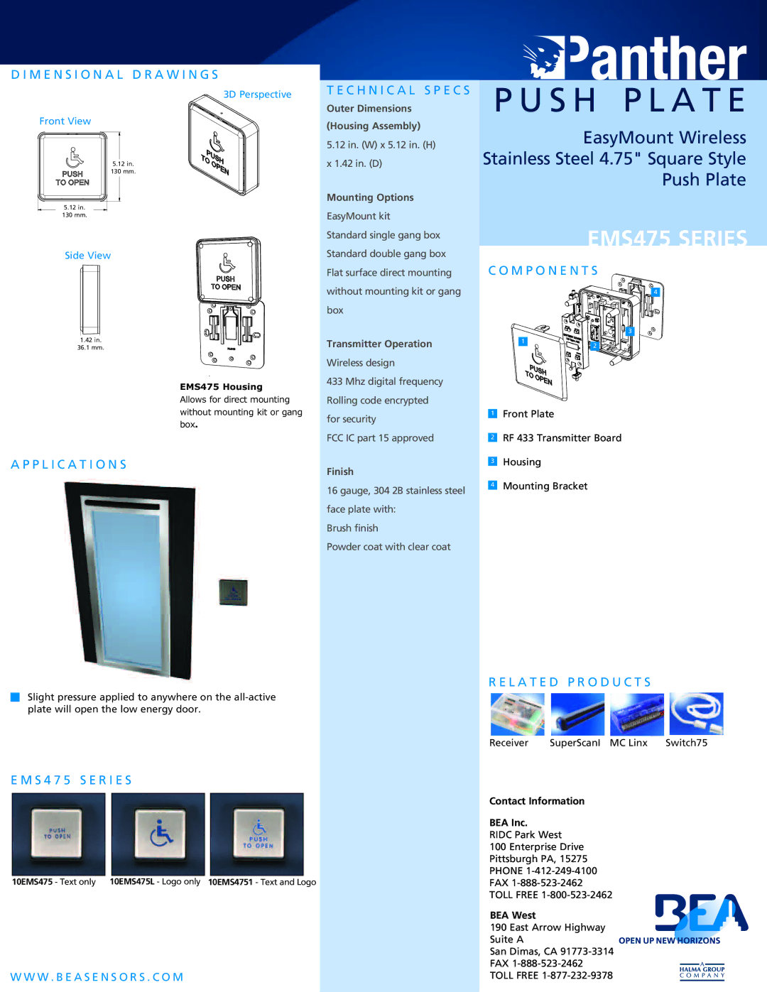 BEA EMS475 SERIES warranty PU SH Plate 