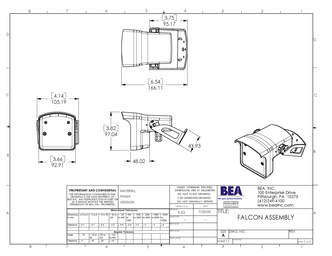 BEA Falcon Assembly dimensions 3.75, 6.54 166.11, 4.14, 105.19, 3.82 97.04 43.93, 3.66, 48.02, 92.91, Title, Bea, Inc 