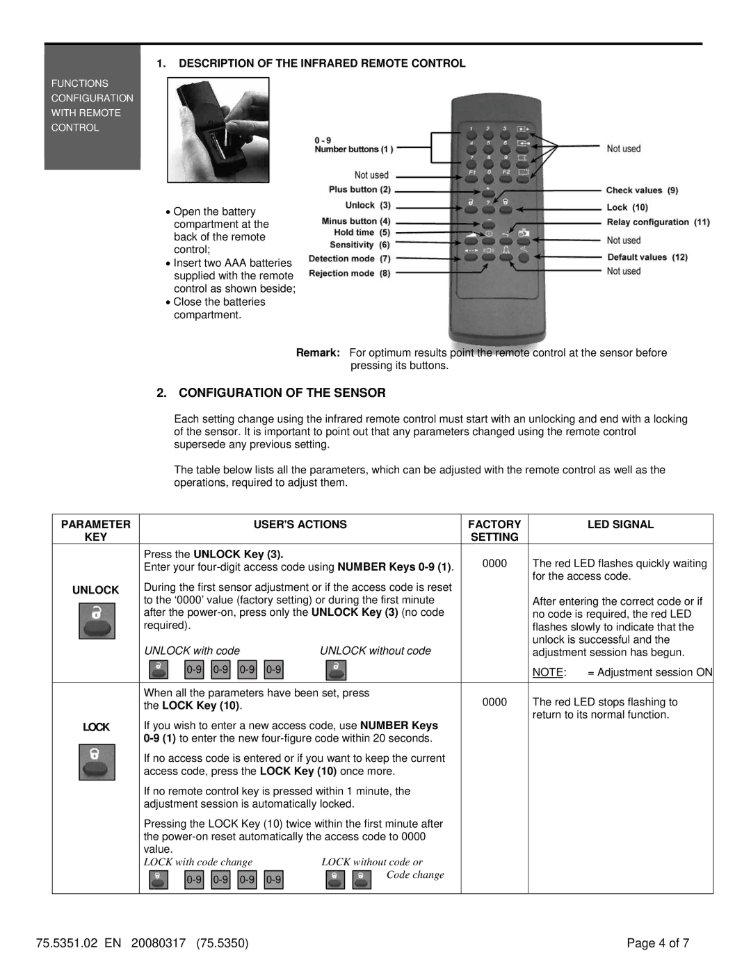 BEA FALCON XL Description of the Infrared Remote Control, Parameter Users Actions Factory KEY Setting, Unlock, LED Signal 