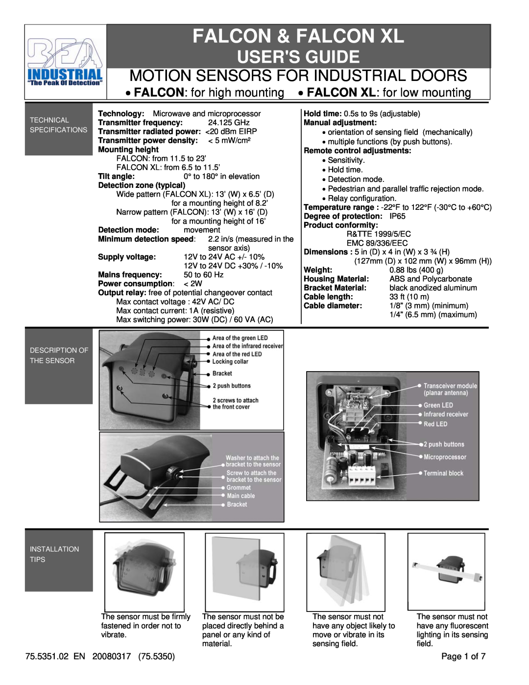 BEA FALCON XL dimensions Falcon & Falcon Xl, Users Guide, Motion Sensors For Industrial Doors 