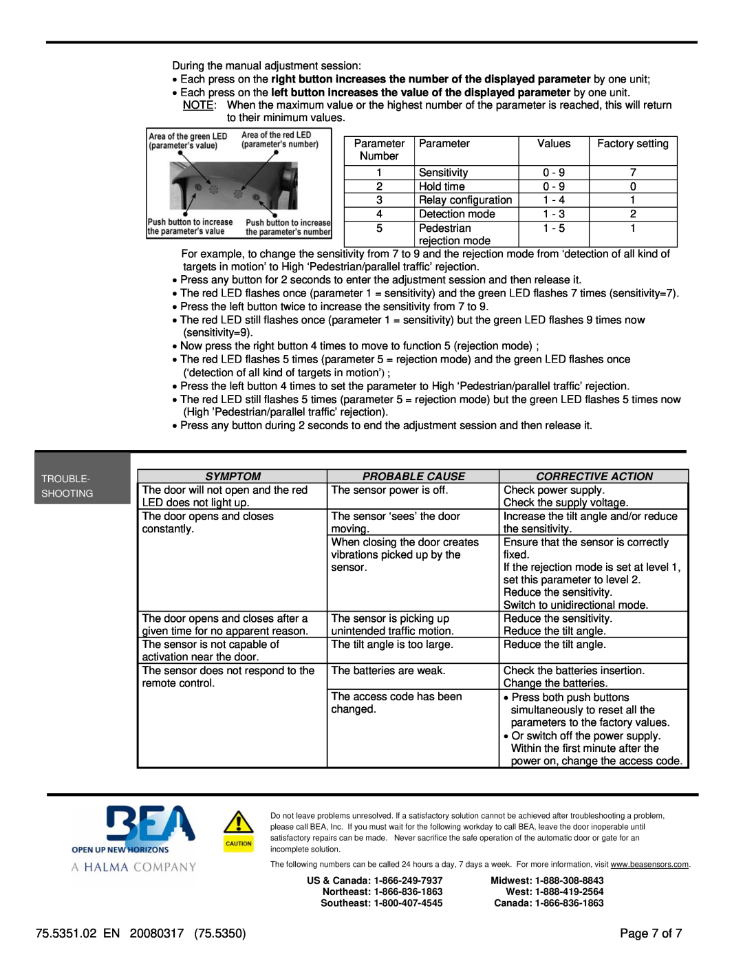 BEA FALCON XL dimensions 75.5351.02 EN, Page 7 of, Symptom, Probable Cause, Corrective Action 