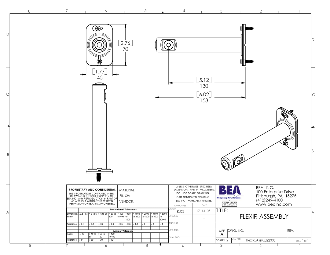 BEA Flexir Assembly dimensions 2.76, 1.77, 5.12 130 6.02 153, Title, Bea, Inc, Enterprise Drive, Pittsburgh, PA, 15275 
