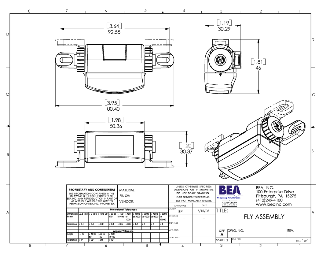 BEA Fly Assembly dimensions 1.19 3.64 92.55, 1.81, 3.95 100.40 1.98 50.36, 1.20, 30.37, Title, Bea, Inc, Enterprise Drive 