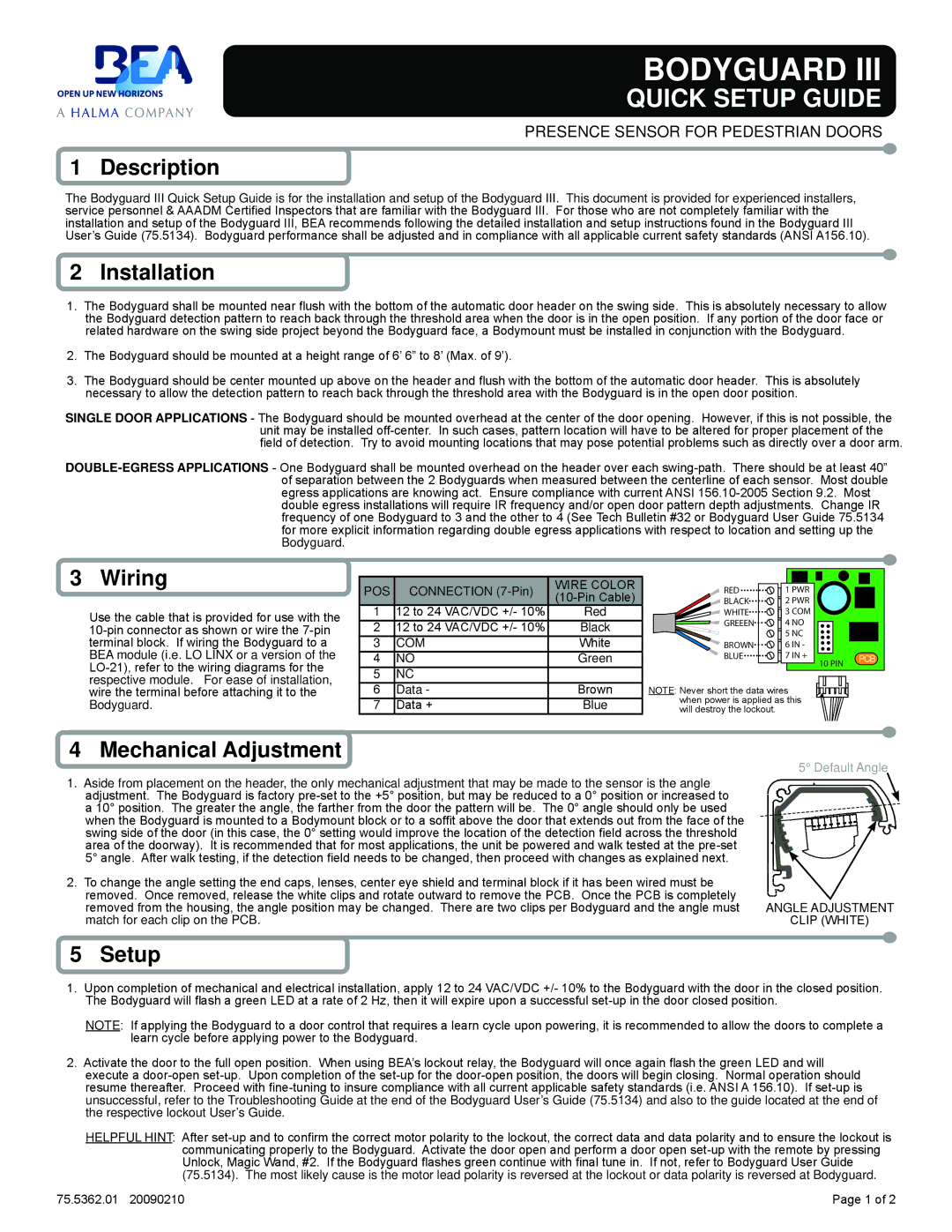 BEA GT 300, GT 400 setup guide Description, Installation, Wiring, Mechanical Adjustment, Setup 