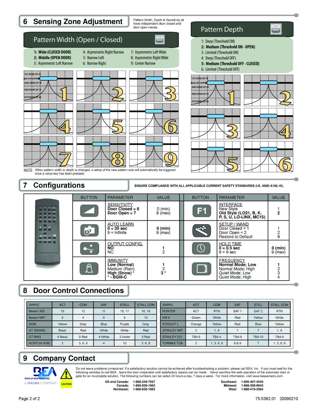 BEA GT 400, GT 300 Pattern Width Open / Closed, Pattern Depth, Configurations, Door Control Connections, Company Contact 