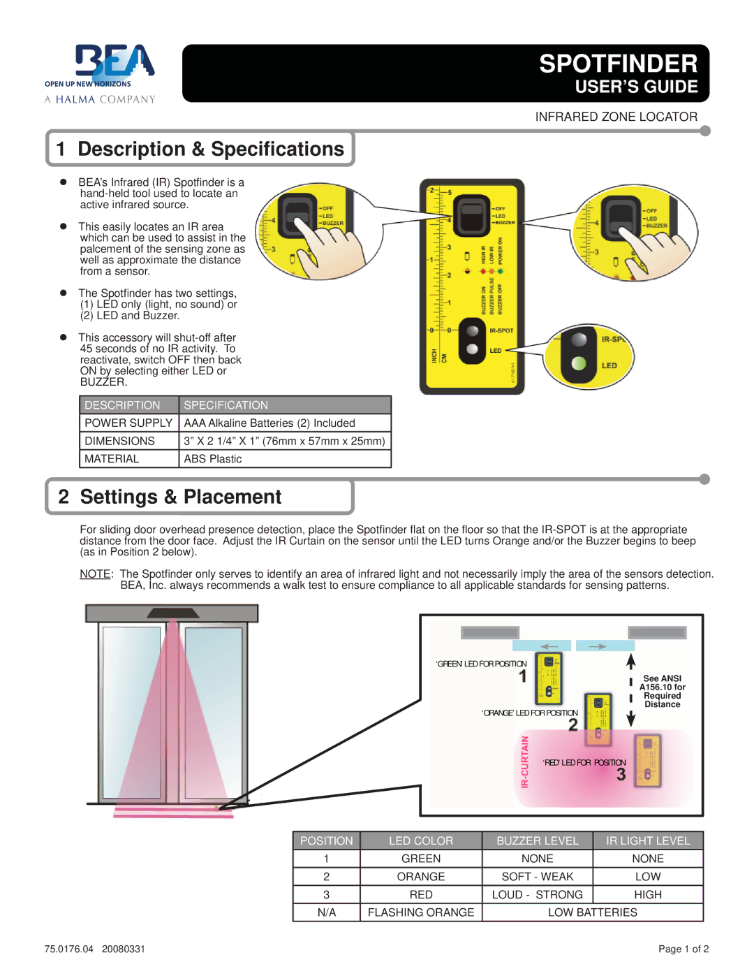 BEA Infrared Zone Locator specifications Description & Speciﬁcations, Settings & Placement, Description Specification 