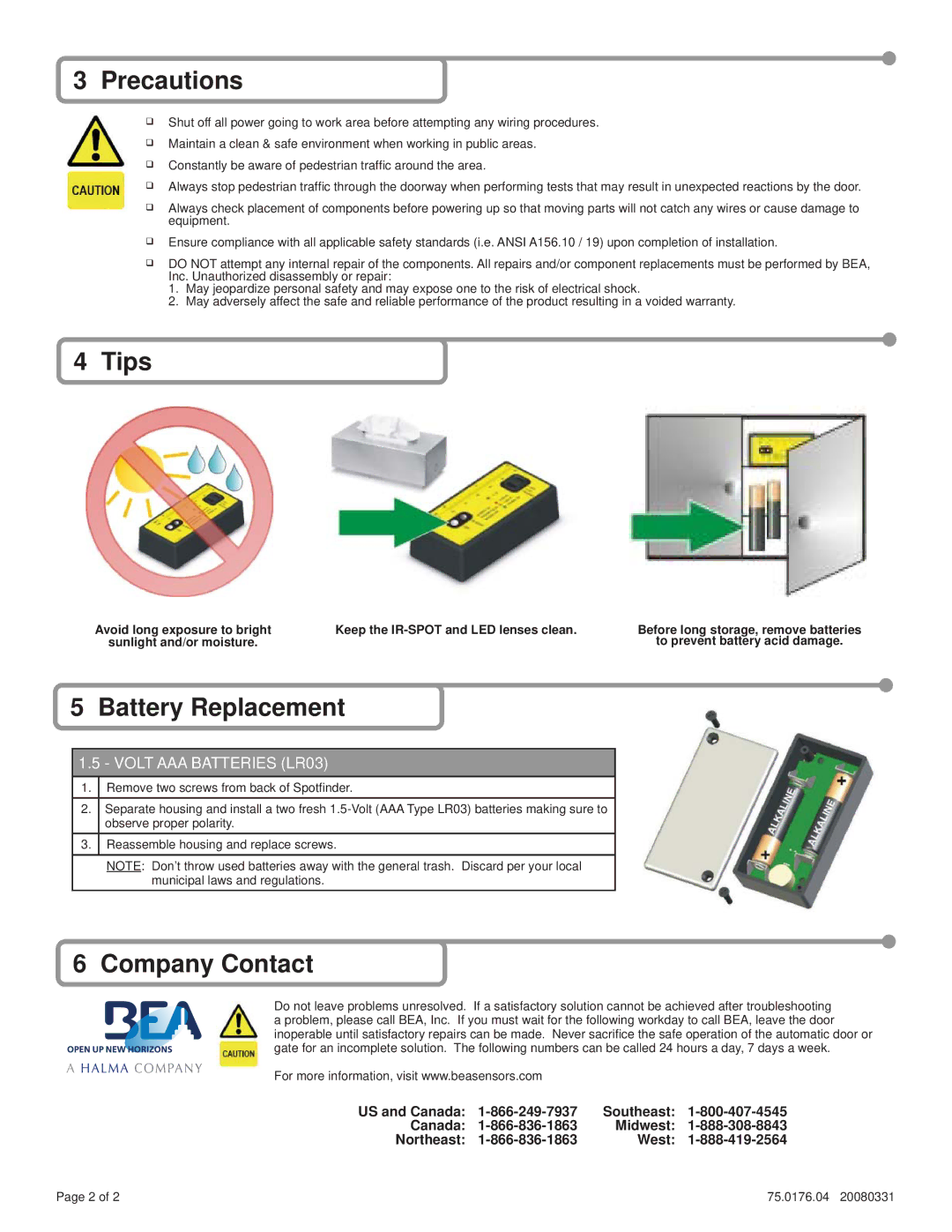 BEA Infrared Zone Locator specifications Precautions, Tips, Battery Replacement, Company Contact 