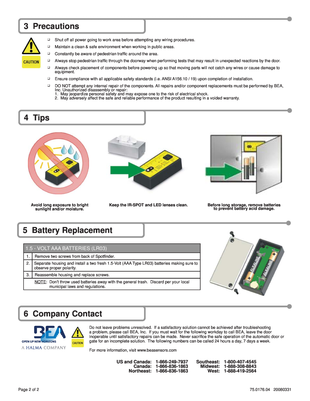 BEA Infrared Zone Locator Precautions, Tips, Battery Replacement, Company Contact, VOLT AAA BATTERIES LR03, US and Canada 