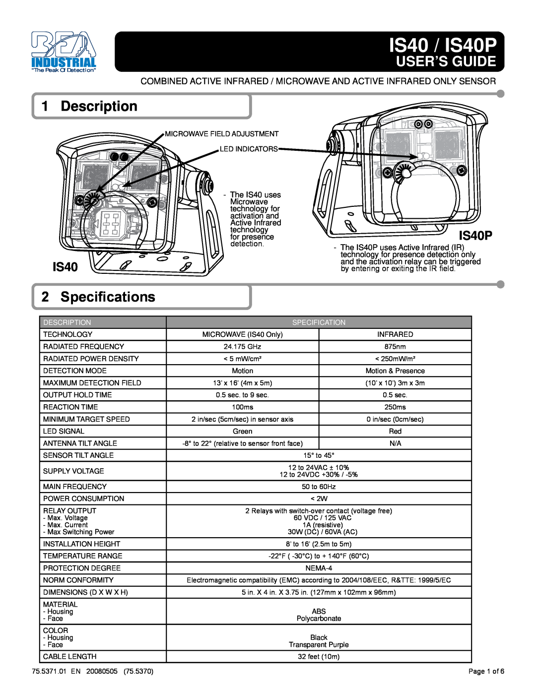 BEA dimensions Description, Specifications, IS40 / IS40P, User’S Guide 