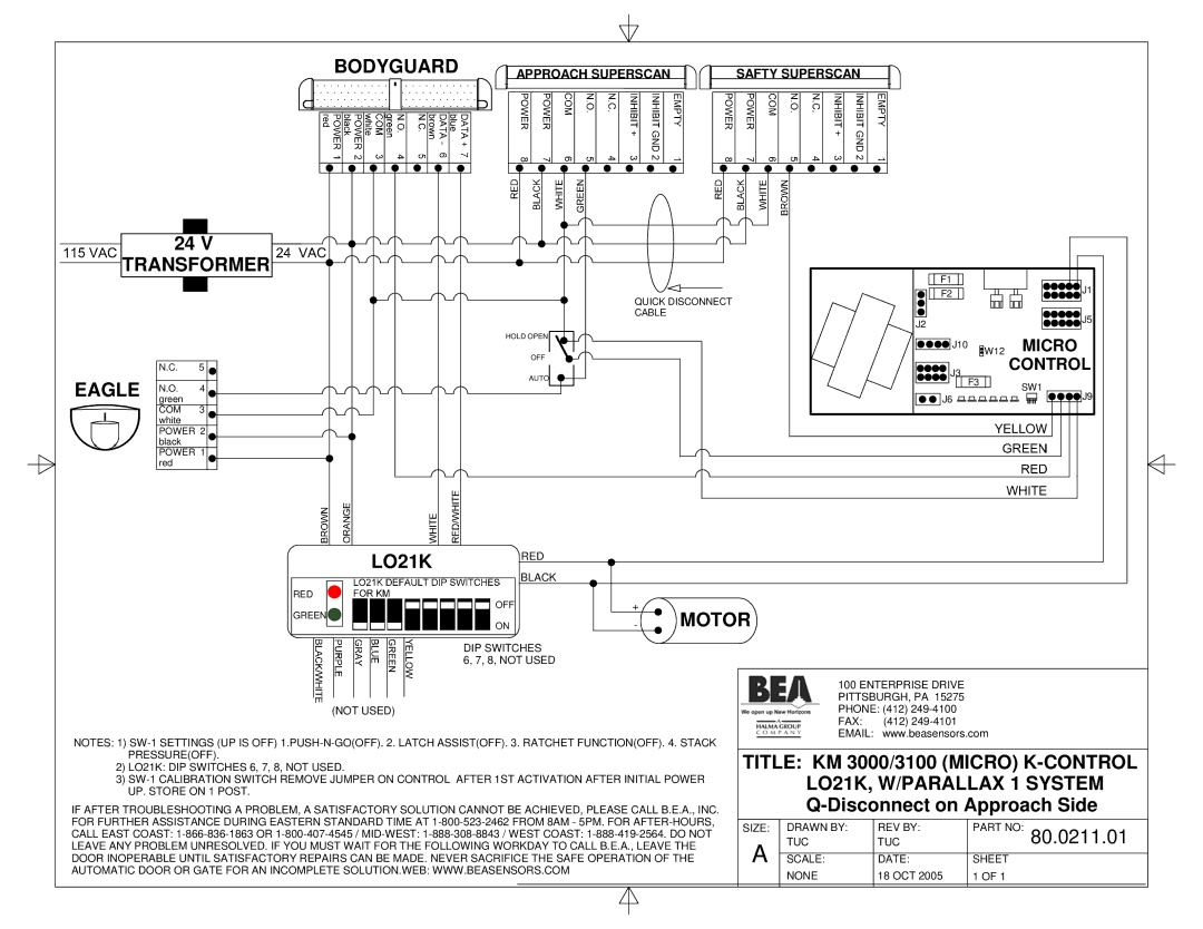 BEA KM 2000 Disconnect on Approach Side, 80.0211.01, Pressureoff, LO21K DIP Switches 6, 7, 8, not Used UP. Store on 1 Post 