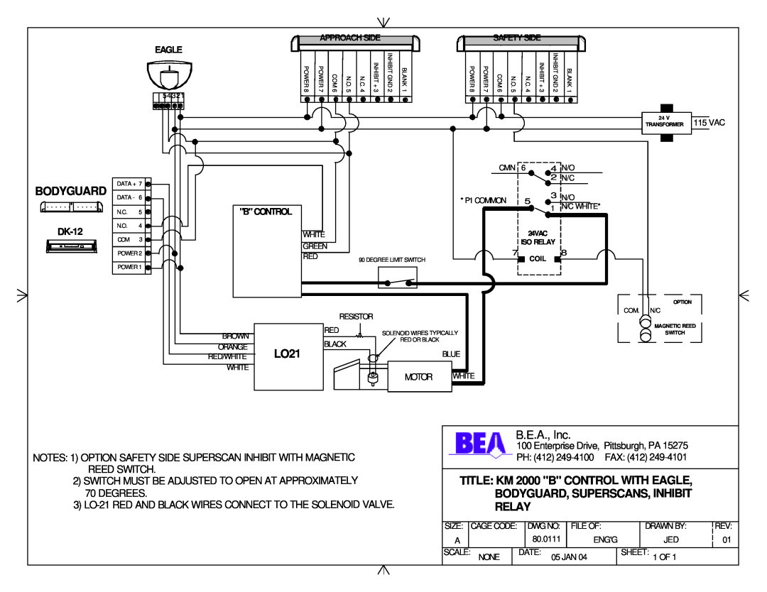 BEA manual TITLE KM 2000 B CONTROL WITH EAGLE, Bodyguard, Superscans, Inhibit, Relay, Reed Switch, Degrees, DK-12 