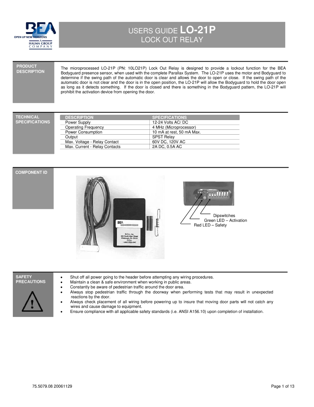 BEA LO-21P technical specifications Product Description, Technical Description Specifications, Component ID, Safety 