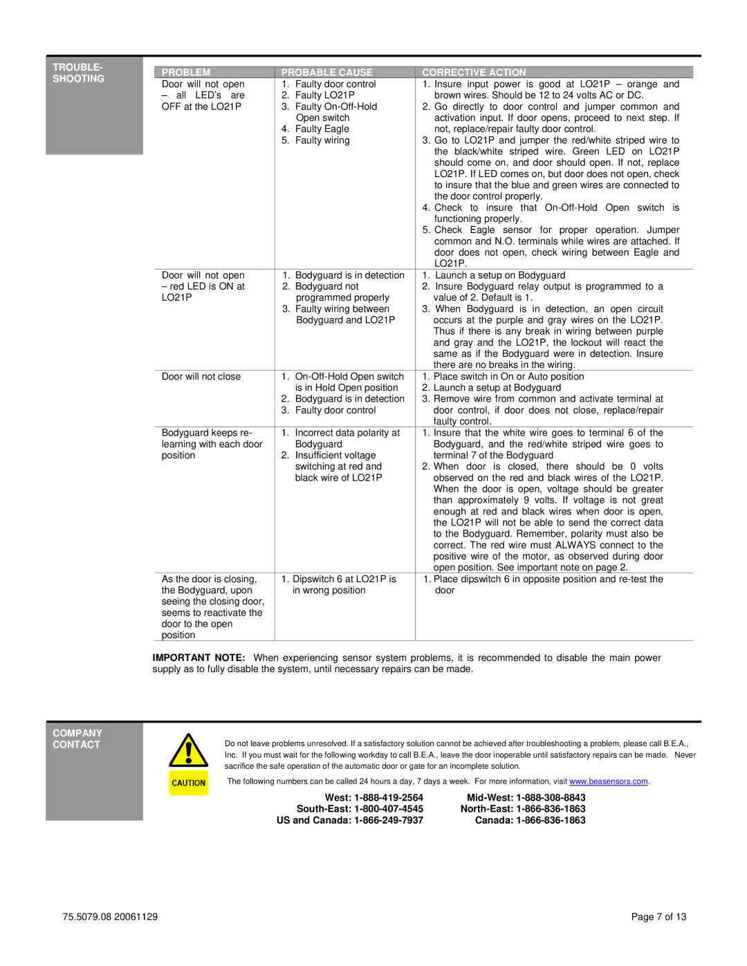 BEA LO-21P technical specifications TROUBLE- Shooting Problem Probable Cause Corrective Action, Company Contact 