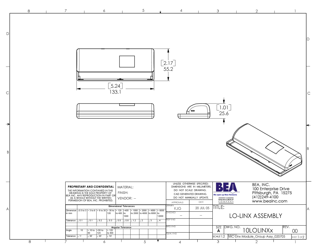 BEA LO Linx Assembly dimensions 10LOLINXx, 2.17 55.2, 5.24, 133.1, 1.01 25.6, Bea, Inc, Enterprise Drive, Pittsburgh, PA 