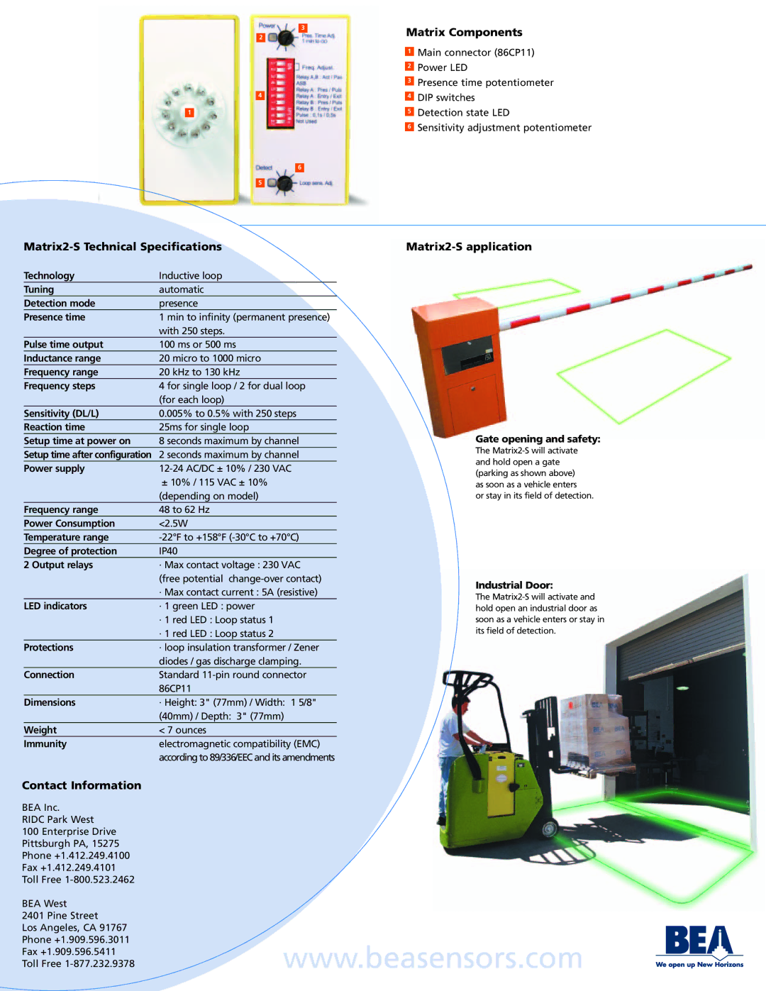 BEA manual Matrix Components, Matrix2-S Technical Specifications Matrix2-S application, Contact Information 