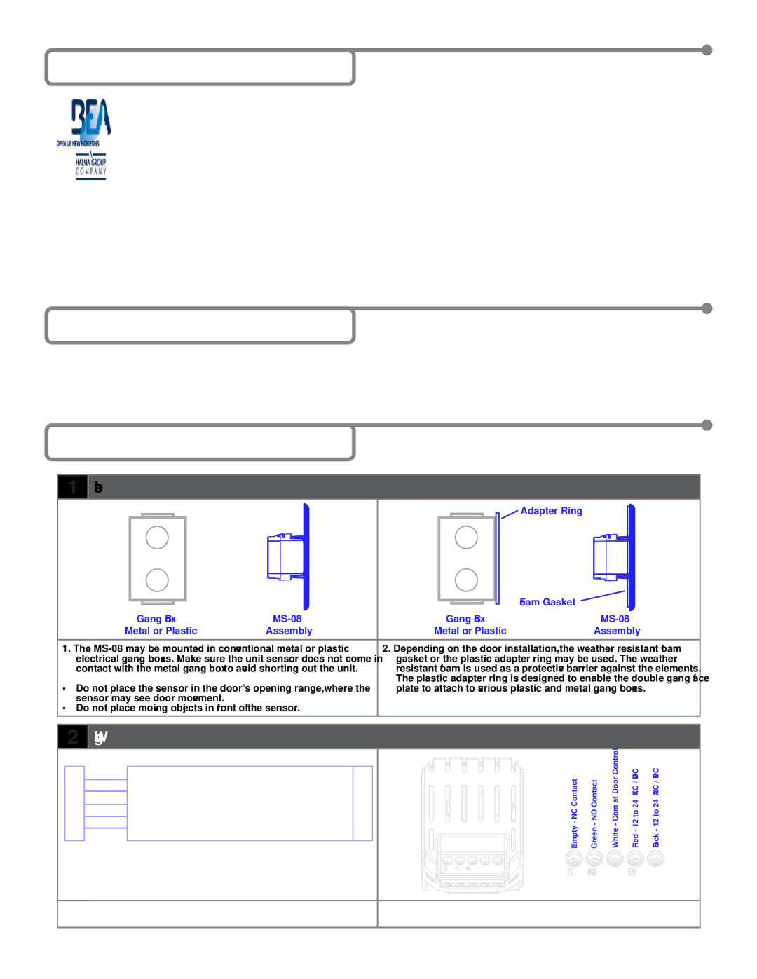 BEA MS-08 specifications Precautions, Pre-Installation Check, Installation / Wiring / Setup 