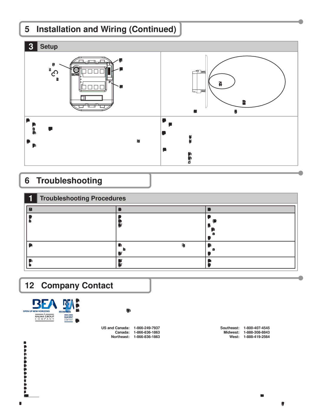 BEA MS-08 specifications Installation and Wiring, Company Contact, Setup, Troubleshooting Procedures 