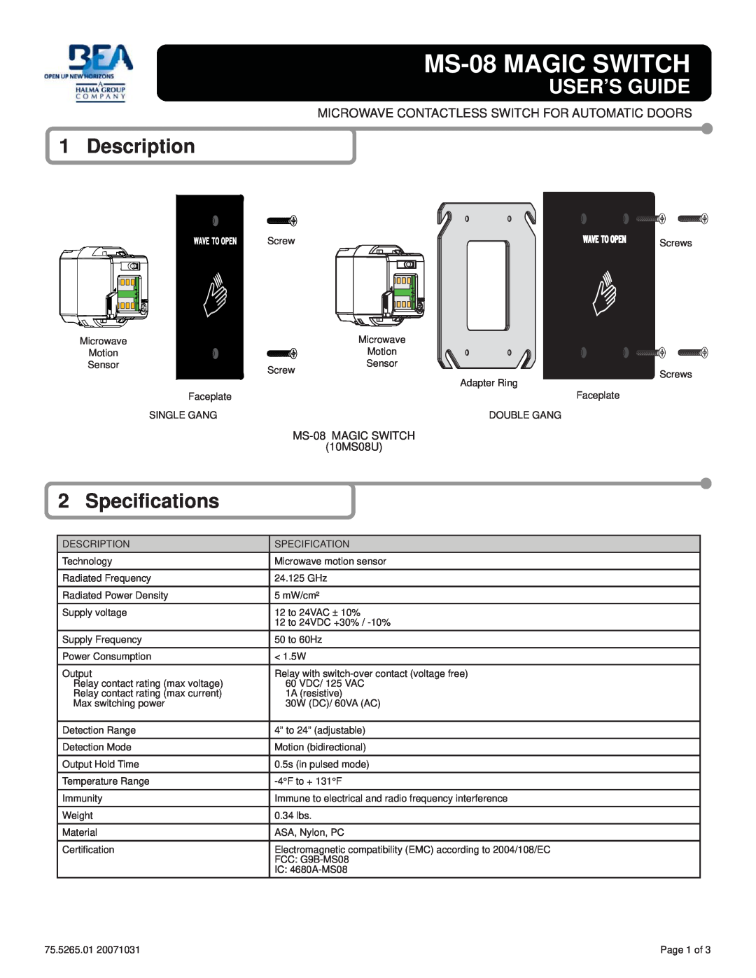 BEA specifications Description, Speciﬁcations, User’S Guide, MS-08 MAGIC SWITCH 10MS08U 