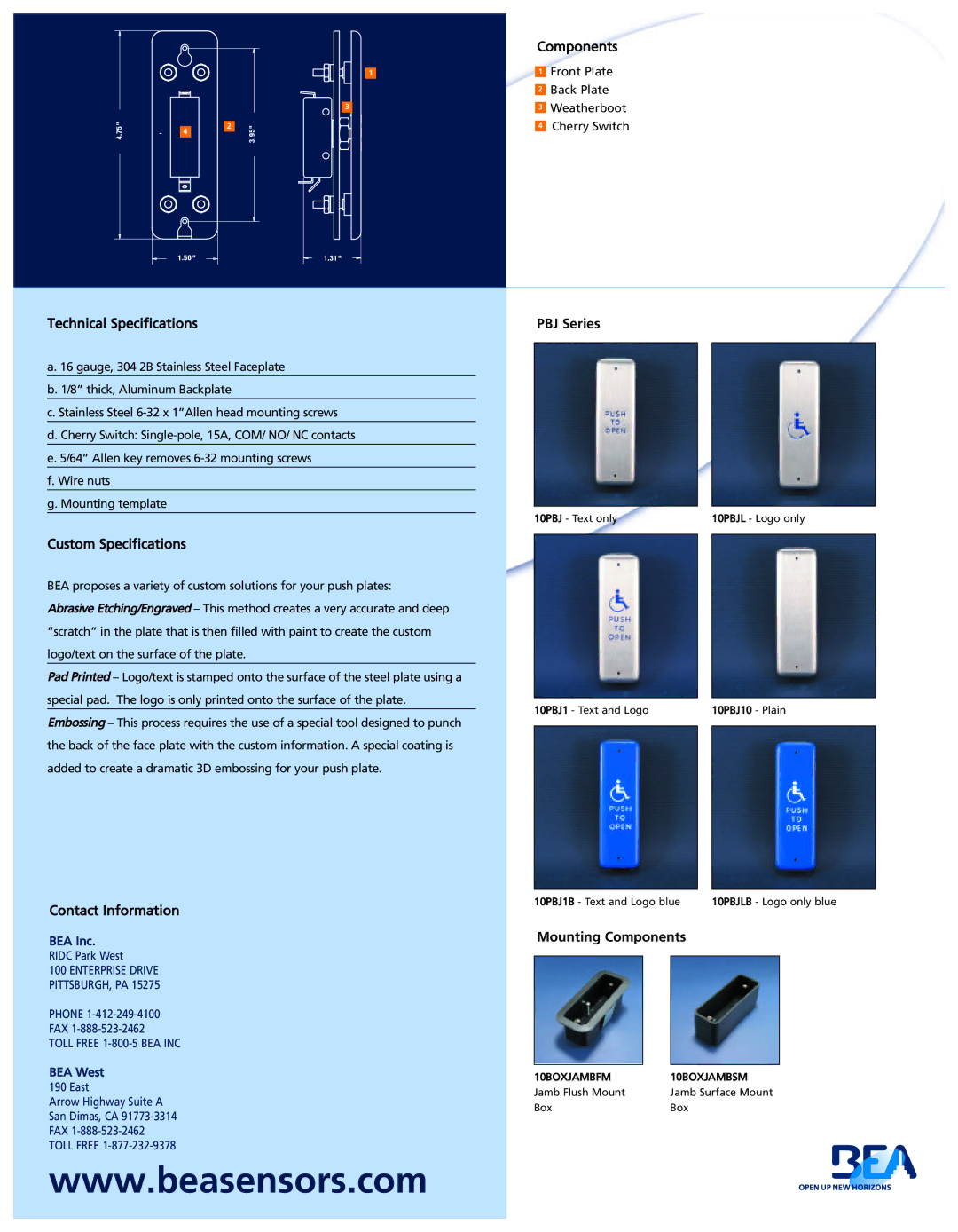 BEA PBJ Series specifications Mounting Components 