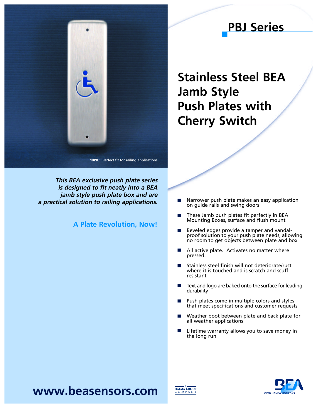 BEA specifications PBJ Series Stainless Steel BEA Jamb Style, Push Plates with Cherry Switch, A Plate Revolution, Now 