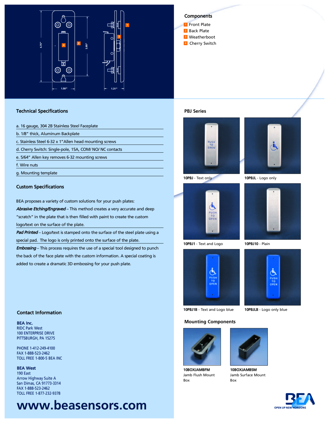 BEA PBJ Series specifications Technical Specifications, Custom Specifications, Contact Information, Mounting Components 