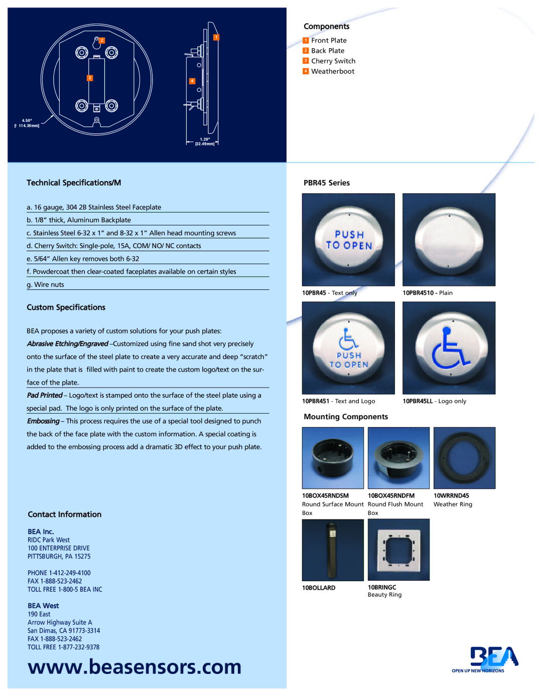 BEA PBR45 Series specifications Mounting Components 