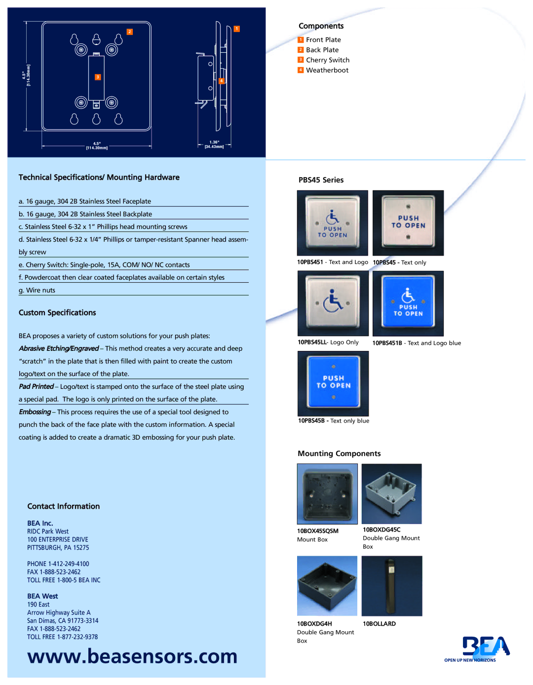 BEA PBS45 Series specifications Mounting Components 