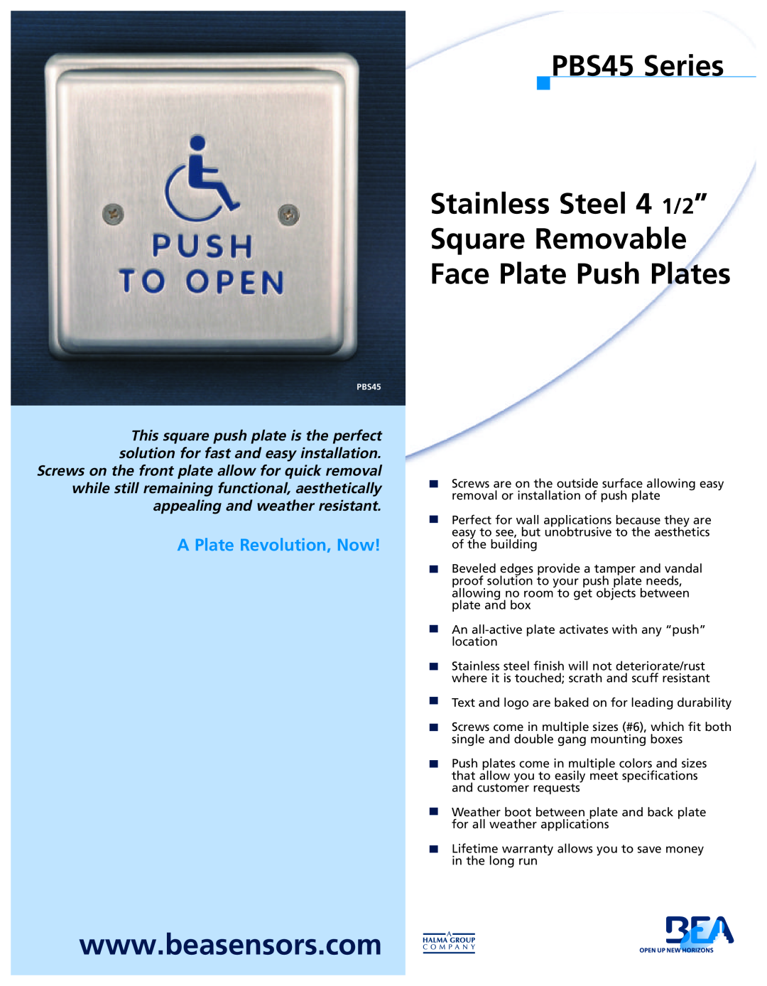 BEA specifications PBS45 Series Stainless Steel 4 1/2” Square Removable, Face Plate Push Plates 